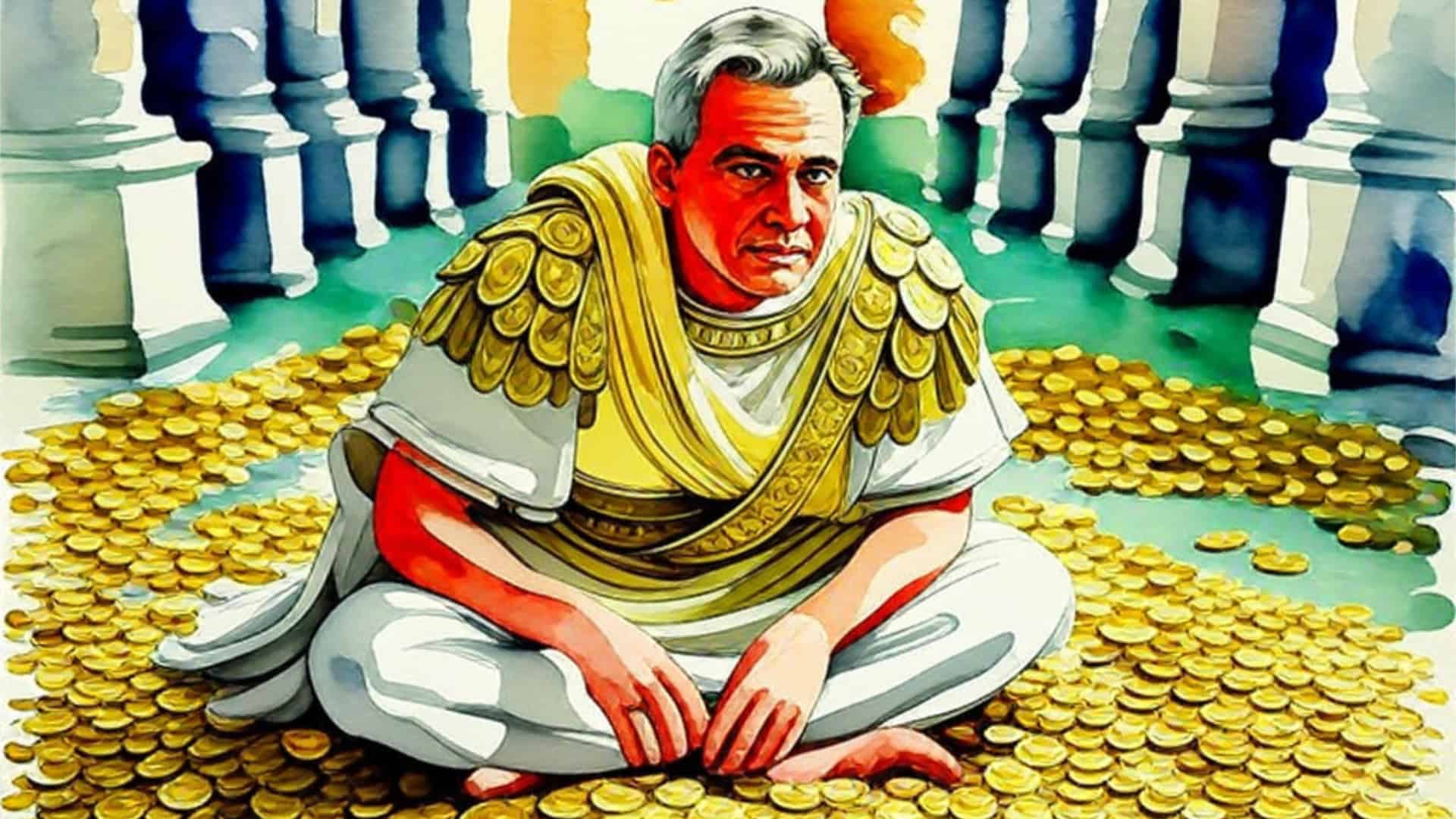 a rich man in his palace sitting on a floor of gold coins and looking rather unhappy